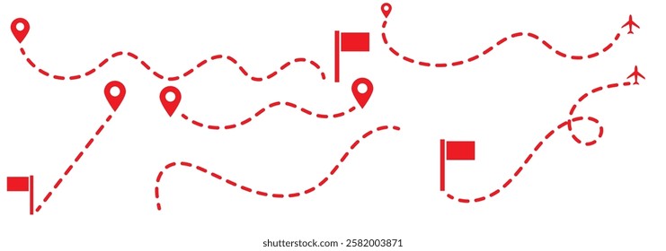 Route icon - two points with dotted path and location pin. Route location icon two pin sign and dotted line. Travel vector icon. Travel from start point and dotted line tracing