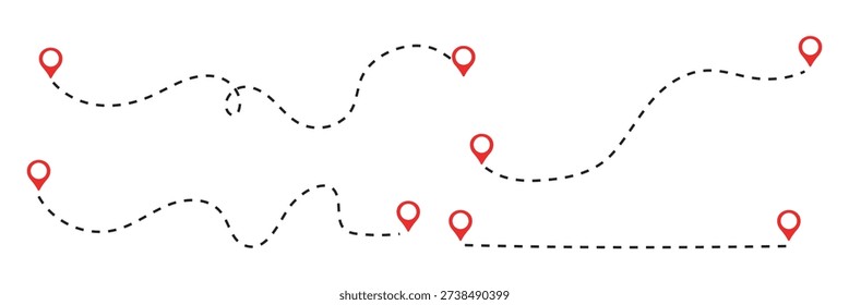 Route icon - two points with dotted path and location pin. Route location icon two pin sign and dotted line. Travel vector icon. Travel from start point and dotted line tracing.