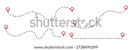 Route icon - two points with dotted path and location pin. Route location icon two pin sign and dotted line. Travel vector icon. Travel from start point and dotted line tracing.