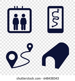 Route icons set. set of 4 route filled icons such as elevator, tunnel, distance