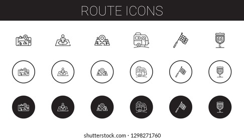 route icons set. Collection of route with gps, position, maps, caravan, racing. Editable and scalable route icons.