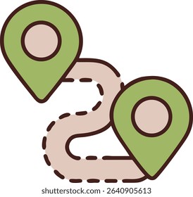 Route Illustration with Green Map Pointers Indicating Travel Distance and Destination Points on a Light Road
