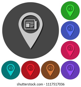 Route info GPS map location icons with shadows on color round backgrounds for material design