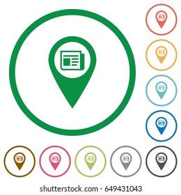 Route info GPS map location flat color icons in round outlines on white background