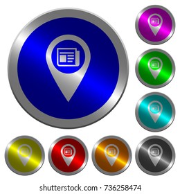 Route info GPS map location icons on round luminous coin-like color steel buttons