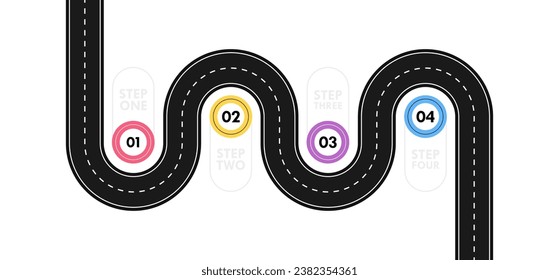 Route infographic template. Winding asphalt road map with four steps, parts, processes or option. Design concept of Logistic, achieving the goal, move step by step. Vector illustration.