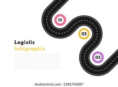 Plantilla de infografía de ruta. Hoja de ruta de asfalto sinuoso con tres pasos, partes, procesos u opción. Concepto de diseño de logística, logro del objetivo, paso a paso. Ilustración vectorial.