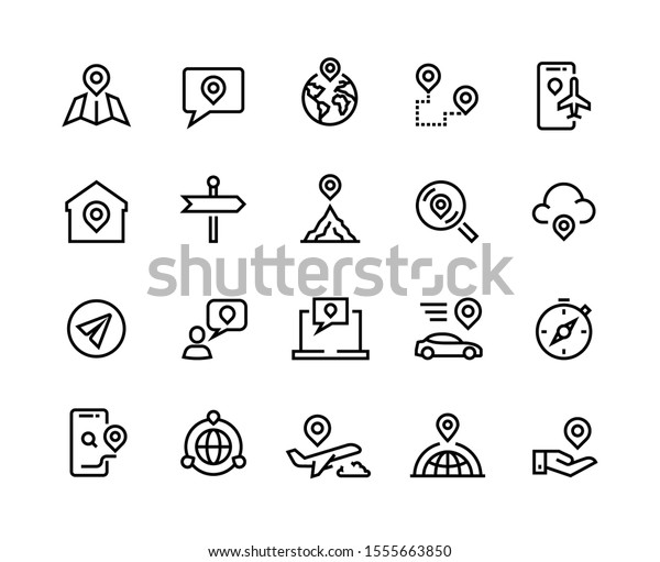 Route line icons. GPS navigation and tracking system,\
app UI graphic symbols for find device, home and work location.\
Vector set illustration pointer direction where, when target trip\
in car