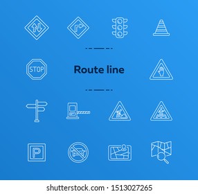Route line icons. Set of line icons. Mobile navigator, traffic lights, stop road sign. Traffic concept. Vector illustration can be used for topics like navigation, travelling