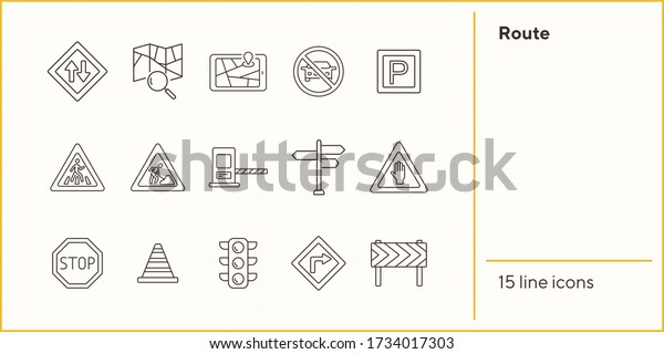 Route line icons.
Set of line icons. Mobile navigator, traffic lights, stop road
sign. Traffic concept. Vector illustration can be used for topics
like navigation,
travelling