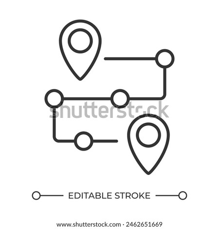 Route linear icon. Gps navigation. Location marker. Supply chain. Customer journey. Product roadmap. Thin line illustration. Contour symbol. Vector outline drawing. Editable stroke