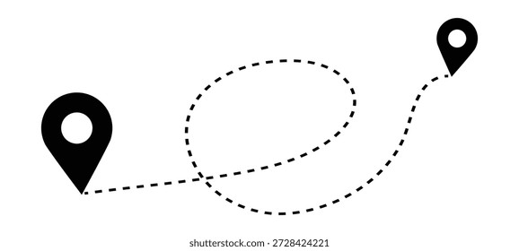 Icono de ubicación de la ruta, señal negra de dos pines y carretera de línea punteada. Icono de Vector móvil de dos marcadores de lugar