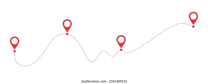 Route location icon, four pin sign and dotted line road, start and end journey symbol, black and red color vector illustration isolated on white background.