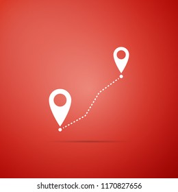 Route location icon isolated on red background. Map pointer sign. Concept of path or road. GPS navigator. Flat design. Vector Illustration