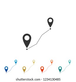 Icono de ubicación de ruta aislado sobre fondo blanco. Signo de puntero de mapa. Concepto de camino o carretera. Navegador GPS. Establece Elementos en íconos de colores. Diseño plano. Ilustración vectorial