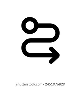 Route location icon, map pin sign and road or path, start and journey symbol, black color vector illustration isolated on white background