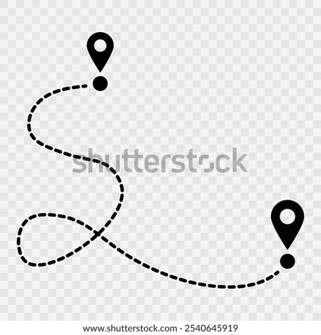 Route location icon, map pin sign and road or path, start and end journey symbol, black color vector illustration isolated on white background.