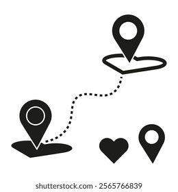 Route location icon. Navigation pin symbol. Black path vector. Heart shape detail.