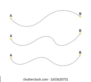 Route location icon with path from A to B. Airplane travel concept. Start and end journey symbol.