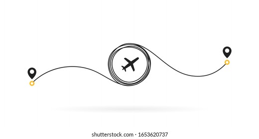 Icono de ubicación de ruta con ruta de A a B. Concepto de viaje en avión. Símbolo de inicio y fin del viaje.