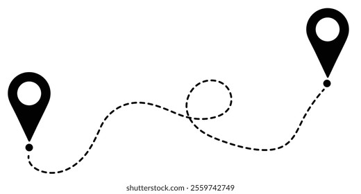Route location icon set. Route icon between two points with dotted path and location pin in black color.  Dotted path with points. GPS navigation line route mark. Travel route symbol. Location icon. 