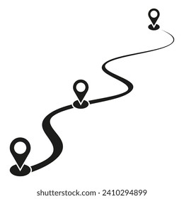 Route location icon, three map pin sign and road or path. Vector illustration. PS 10.
