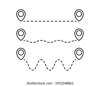 Route location icon, two map pin sign and road or path, start and end journey symbol, black color vector illustration isolated on white background.