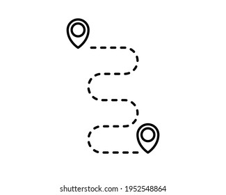 Route location icon, two map pin sign and road or path, start and end journey symbol, black color vector illustration isolated on white background.