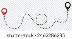 Route location icon, two pin sign and dotted line road, start and end journey symbol, black color vector illustration . eps 10