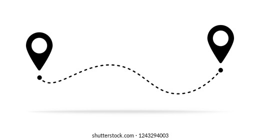 Route location icon, two pin sign and dotted line road, start and end journey symbol, black color vector illustration isolated on white background.