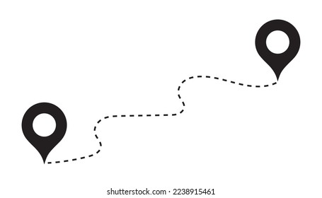 Route location icon, two pin signs and dotted road line, path start and end symbol on white background. Vector illustration