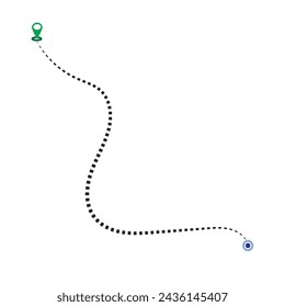 Route location icon, two pin sign and dotted line road, start and end journey symbol, black color vector illustration isolated on white background. GPS navigation line route mark