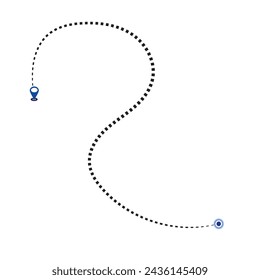 Routenpositionssymbol, zwei Pin-Zeichen und gepunktete Straße, Start- und Endfahrtsymbol, schwarze Farbvektordarstellung auf weißem Hintergrund. GPS-Navigationslinienstreckenmarkierung