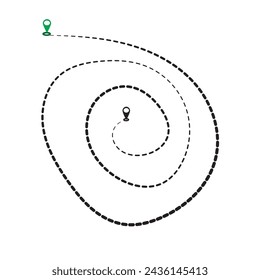 Route location icon, two pin sign and dotted line road, start and end journey symbol, black color vector illustration isolated on white background. GPS navigation line route mark