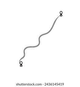 Routenpositionssymbol, zwei Pin-Zeichen und gepunktete Straße, Start- und Endfahrtsymbol, schwarze Farbvektordarstellung auf weißem Hintergrund. GPS-Navigationslinienstreckenmarkierung