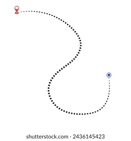 Route location icon, two pin sign and dotted line road, start and end journey symbol, black color vector illustration isolated on white background. GPS navigation line route mark