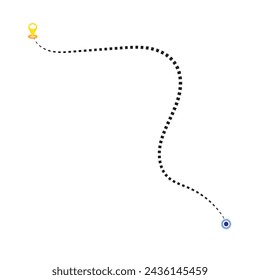 Route location icon, two pin sign and dotted line road, start and end journey symbol, black color vector illustration isolated on white background. GPS navigation line route mark