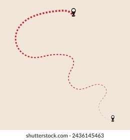 Route location icon, two pin sign and dotted line road, start and end journey symbol, black color vector illustration isolated on white background. GPS navigation line route mark