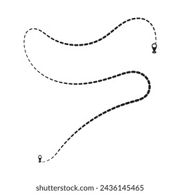 Routenpositionssymbol, zwei Pin-Zeichen und gepunktete Straße, Start- und Endfahrtsymbol, schwarze Farbvektordarstellung auf weißem Hintergrund. GPS-Navigationslinienstreckenmarkierung