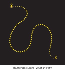 Icono de ubicación de ruta, signo de dos pines y línea de puntos de carretera, inicio y final de viaje símbolo, ilustración vectorial de color negro aislado sobre fondo blanco. Marca de ruta de la línea de navegación GPS