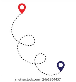 Route location icon, two pin sign and dotted line road, start and end journey symbol, black color  isolated on white background. GPS navigation line route mark . vector illustration. EPS 10