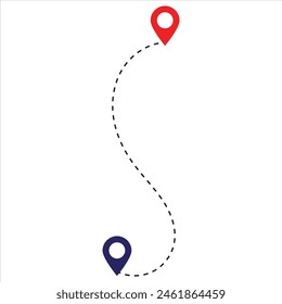 Icono de ubicación de ruta, signo de dos pines y línea de puntos de carretera, inicio y final de viaje símbolo, color negro aislado sobre fondo blanco. Marca de ruta de la línea de navegación GPS . Ilustración vectorial. EPS 10
