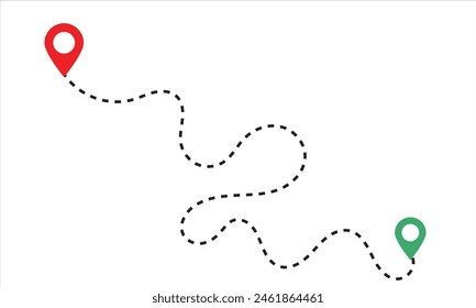 Route location icon, two pin sign and dotted line road, start and end journey symbol, black color  isolated on white background. GPS navigation line route mark . vector illustration. EPS 10