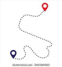 Route location icon, two pin sign and dotted line road, start and end journey symbol, black color  isolated on white background. GPS navigation line route mark . vector illustration. EPS 10