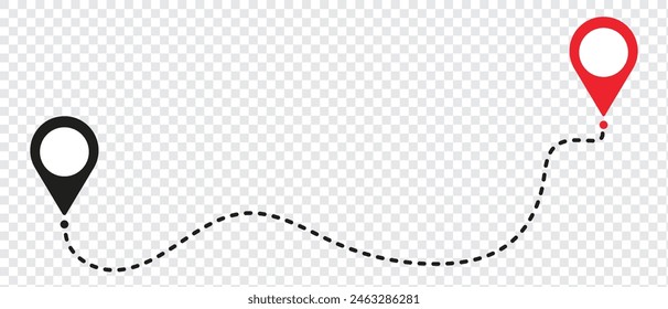 Routenpositionssymbol, zwei Pin-Zeichen und gepunktete Linie Straße, Start- und Endfahrtsymbol, schwarze Vektorillustration. eps 10
