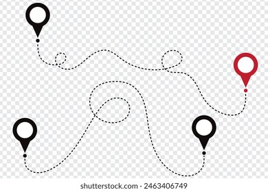 Route location icon, two pin sign and dotted line road, start and end journey symbol,  vector illustration isolated on transparent background. eps 10
