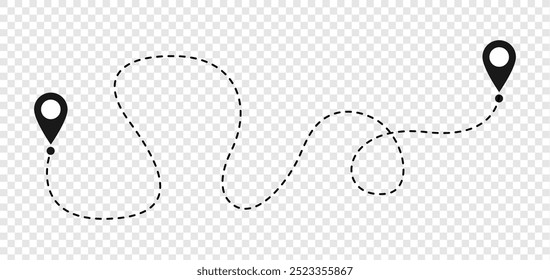Route location icon, two pin sign and dotted line road, start and end journey symbol, black color vector illustration.