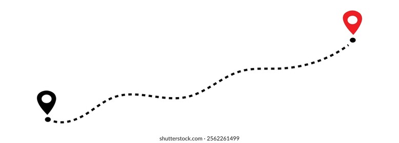 Route location icon, two pin sign and dotted line road, start and end journey symbol, black color vector illustration isolated on white background.