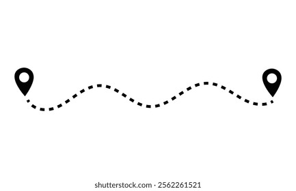 Route location icon, two pin sign and dotted line road, start and end journey symbol, black color vector illustration isolated on white background.