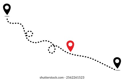 Route location icon, two pin sign and dotted line road, start and end journey symbol, black color vector illustration isolated on white background.